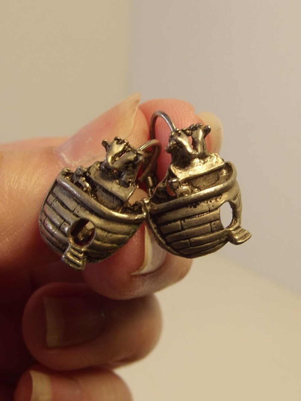 Vintage Pierced Earrings - Silver Noah's Ark Earrings